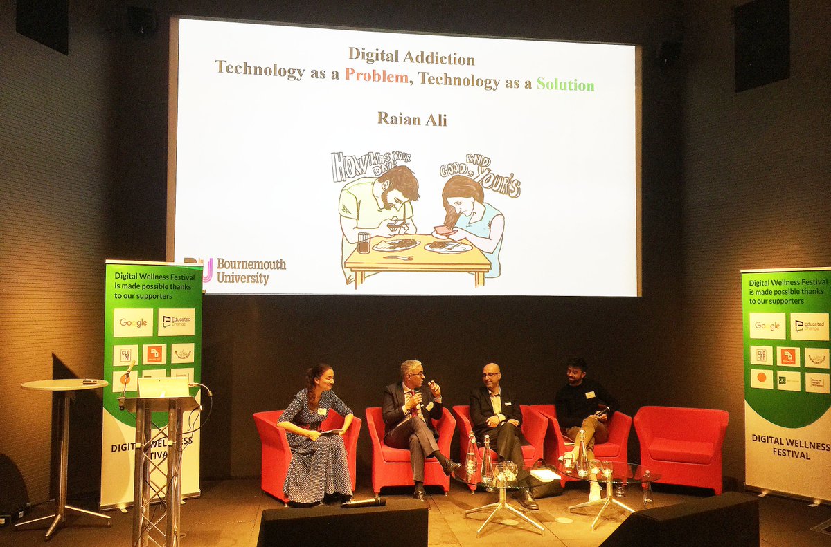 A panel during the #DigitalWellnessFestival about digital addiction, by Dr. Anastasia Dedyukhina from @ConsciDigital, Prof. Rafael Calvo from @Sydney_Uni and @ImperialCollege, Prof. Raian Ali from @BournemouthUni and James McErlean from #Headspace. #London