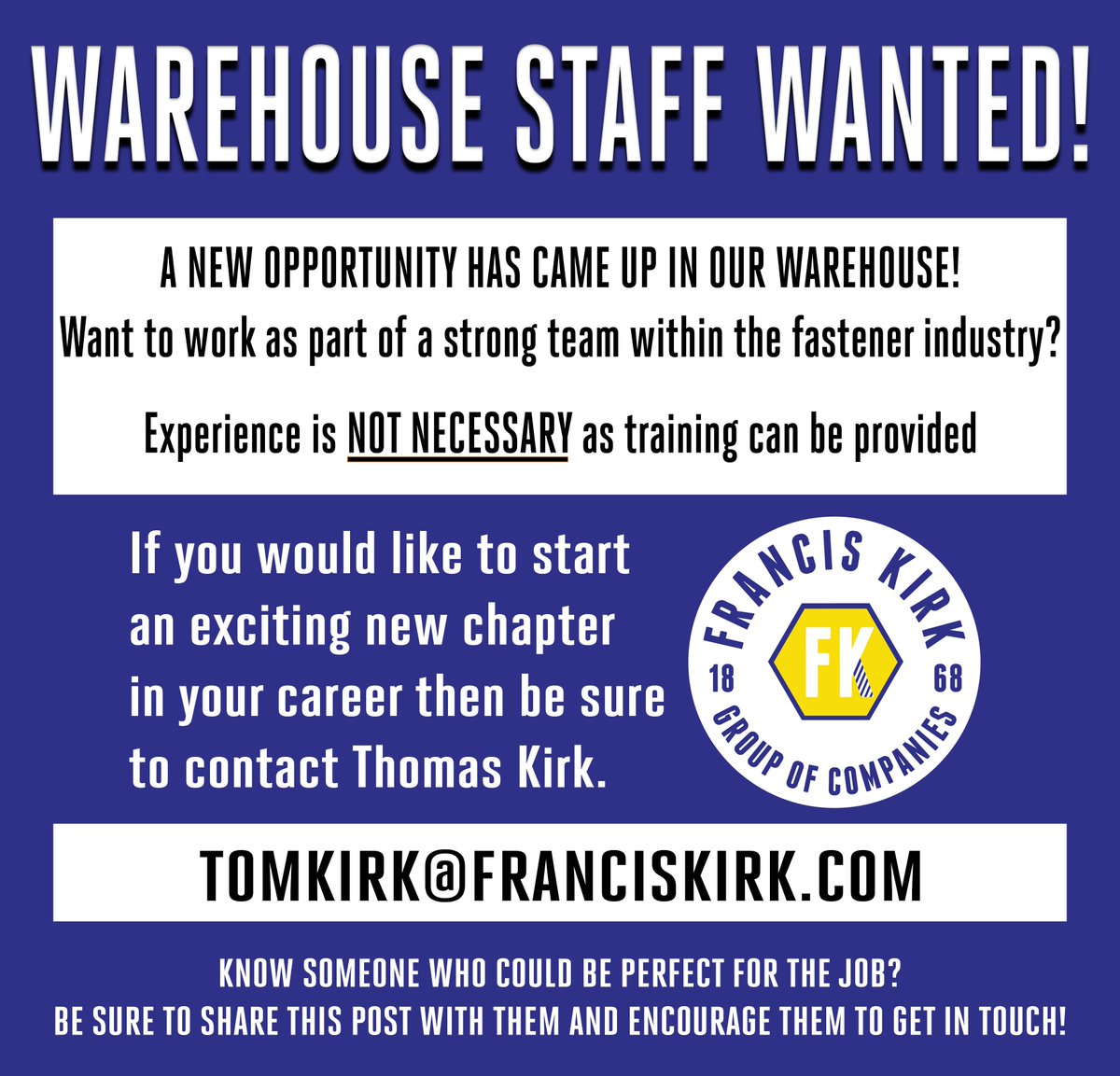 Francis_Kirk's tweet photo. NOW HIRING! We're looking for someone to join our strong Warehouse team in Denton. Experience is NOT necessary as training can be provided. If you or anyone know would be interested please email Thomas Kirk at tomkirk@franciskirk.com.  #Hiring #Vacancy #Job #Warehouse https://t.co/8fz4UNYCzo