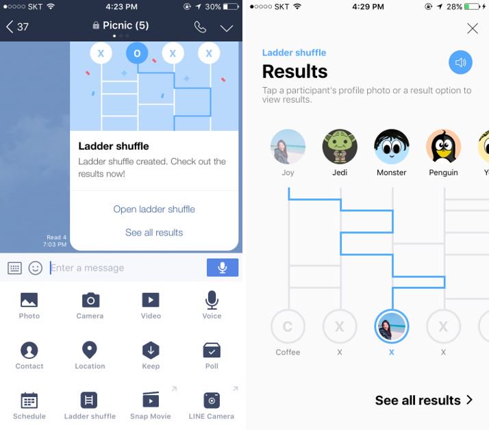 LINE_Global's tweet image. A house party is coming up, but who should bring what? Here's a #funtip – use LINE’s #LadderShuffle function to turn that decision making into a game. Activate the function through the "+" menu in your #LINEchat, then sit back and let the ladders decide!
#TipsThursday #LINE