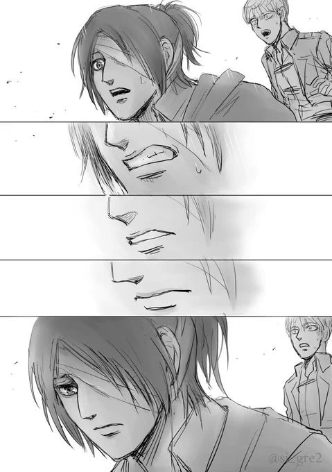 「どういうことだよリヴァイ…! でも、彼に選択を委ねたのはあなただ、エルヴィン…」
白夜ハンジさんサイド想像。リヴァイがアルミンに注射した瞬間、エルヴィンの死は確定。ハンジさんはここでまた大事な人を失ったんだ。彼が来るまでに吹き出そうな感情を飲み込んだんだね。 