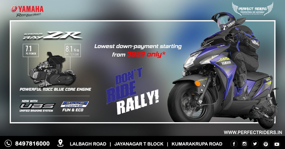 The All New Yamaha Ray ZR Street Rally with Exciting deals & offers at Perfect Riders 
Book now: bit.ly/2YfAPMp or Call: 8497816000
#Yamaha #street #Rally #rayzr #lowdownpayment #lowemi #offers #bangalore