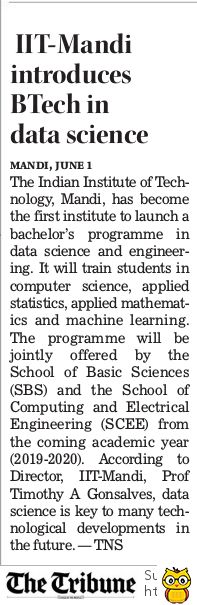 FGCTweets's tweet image. #IITMandi introduces #BTech in #DataScienceEngineering @iit__mandi #NewCourse #BachelorsProgramme #ComputerScience #AppliedStatistics #AppliedMathematics #MachineLearning @thetribunechd