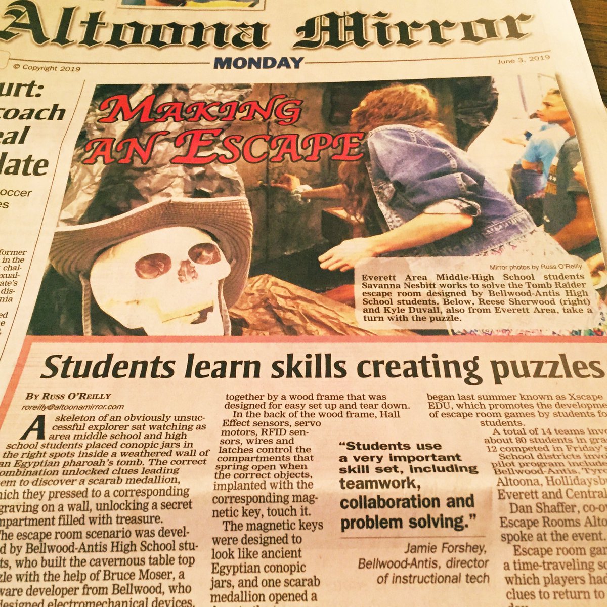 XscapeEDU's tweet photo. ➡️ When the #XscapeXstravaganza student showcase snags the front page headline in the @AltoonaMirrorPA 😎🔐🔆 #XscapeEDU 🗝 #studentsuccess 👊🏼 #realworldskills 🌎 #21stcenturylearning 2️⃣1️⃣ #BDNPLN 💙💛 https://t.co/UPNZcivPEI