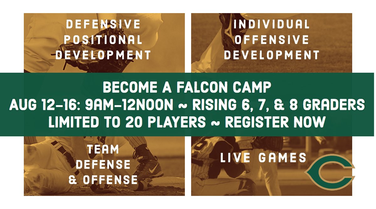 Register today for “Become a Falcon Camp.” The camp will be August 12-16 from 9am-12pm. We are limited to 20 players ⚾️

coxfalconbaseball.com
