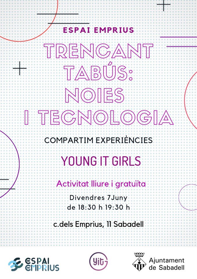 TACCbcn's tweet photo. Aquest dijous per la tarda Espai Emprius acollirà "Trencant tabús: noies i tecnologia", a càrrec de Young It Girls! Obert i gratuït a tothom!

#taccmola
#Sabadell
#WomenPower https://t.co/kFpaEO5hjg