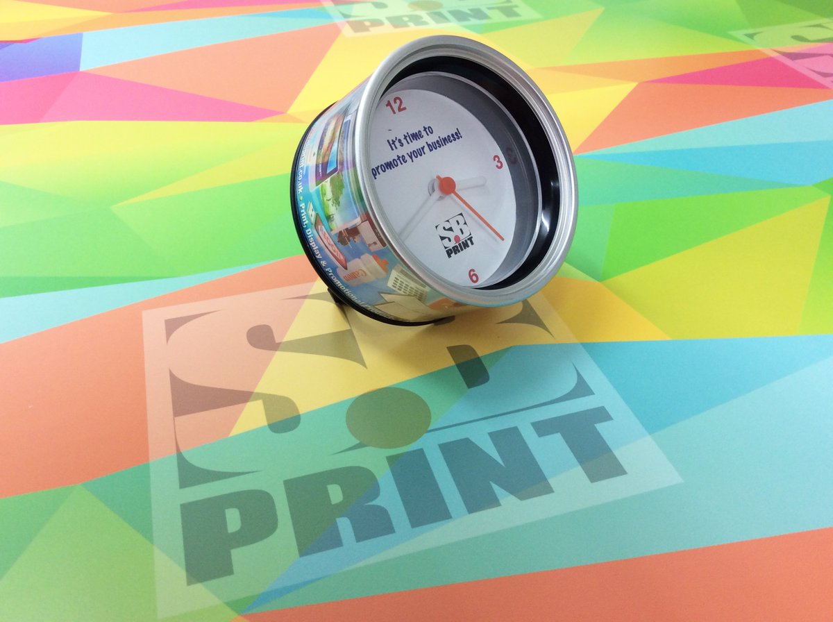 SBPrintWorcs's tweet photo. Ever wish you could bottle time? Well we've canned it! Here is an example of our promotional desk clock in a can - comes complete with ring pull to reveal the face. A fab branding idea for the office - the face and can sides can be personalised in full colour #WorcestershireHour https://t.co/WzZZ7zVlop