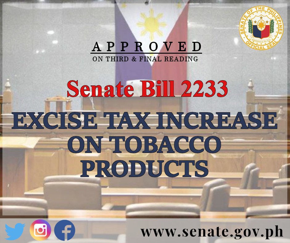 senatePH's tweet photo. JUST IN: Voting 20-0 the Senate approves on third and final reading Senate Bill 2233 imposing higher excise tax on tobacco products. #philippinesenate https://t.co/LuYCKNhavK