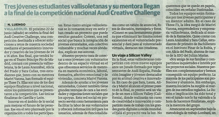 threeis3's tweet photo. El Norte de Castilla, periódico de nuestra región, publica un artículo sobre nuestro proyecto!!!!
Más información de CONEXT en nuestra Bio.
Entra en el enlace y dale un Like.
#conext_acc #three_is #audicreativitychallenge
@nortecastilla https://t.co/louMY4eVDK