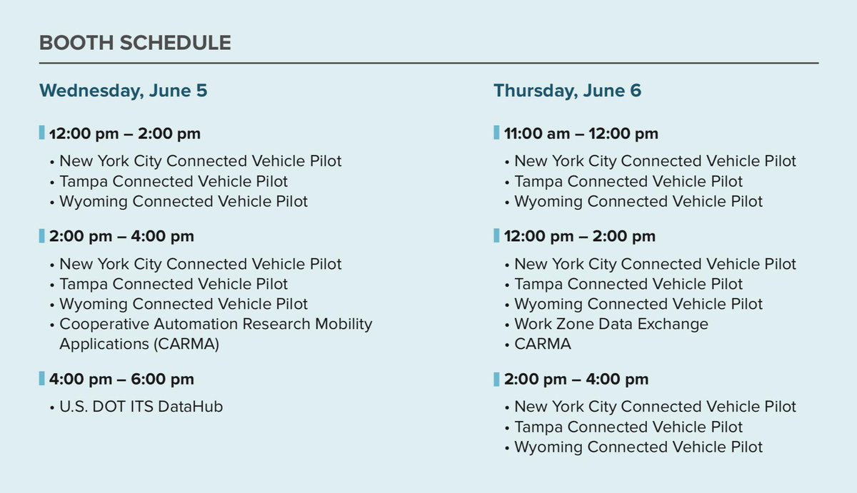 ITS_USDOT's tweet photo. Come stop by Booth 601 to meet @USDOT reps and learn more about projects like the #CVPilots, #Data for Automated #Vehicles (DAVI), and Cooperative Automation Research Mobility Applications (CARMA). @NYC_DOT @Tampa_CV @WYDOT_I80 #transportation https://t.co/CSPoK12JUj