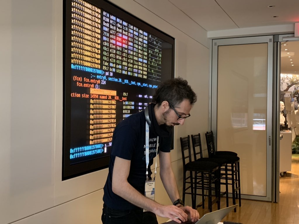 insitusec's tweet photo. Hey it’s a pancake (@trufae) demonstrating @radareorg at @NowSecureMobile OSS Mobile Secure conference in DC #NSConnect19 https://t.co/UVQlbvQig8