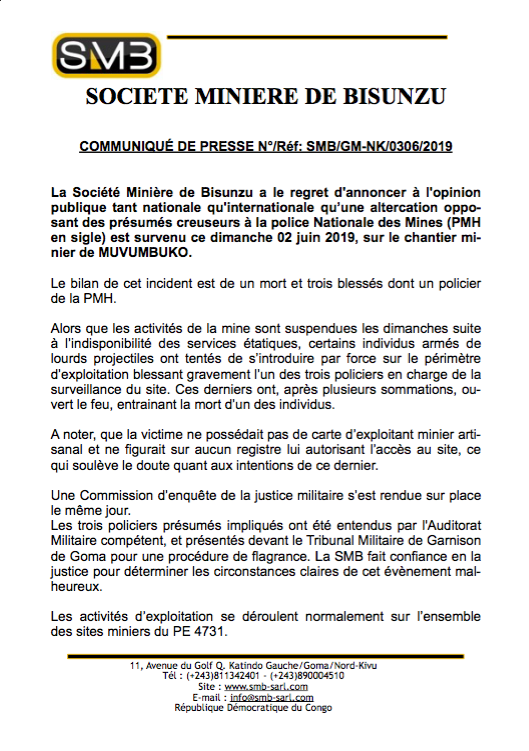 Bisunzu_Mining's tweet photo. @AyobSafro @SimonBine @julienpalukucom @actualitecd @politicocd @Presidence_RDC @AssembleeN @PrimatureRDC @MinistereSec Cher Honorable, merci pour l'intérêt que vous y portez. Ci-joint notre communiqué de presse officiel de concernant l'incident survenu ce dimanche 02 juin 2019 sur notre périmètre d'exploitation PE 4731. FYI https://t.co/2UYMvMdqmX