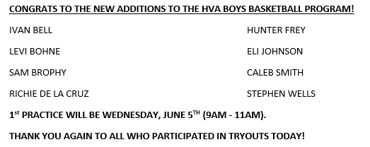 CoachSChambers_'s tweet photo. 🏀HVA Boys Basketball🏀
Freshmen Tryout Results
Thank you to all who participated in tryouts today! https://t.co/2wuDSCTMW2