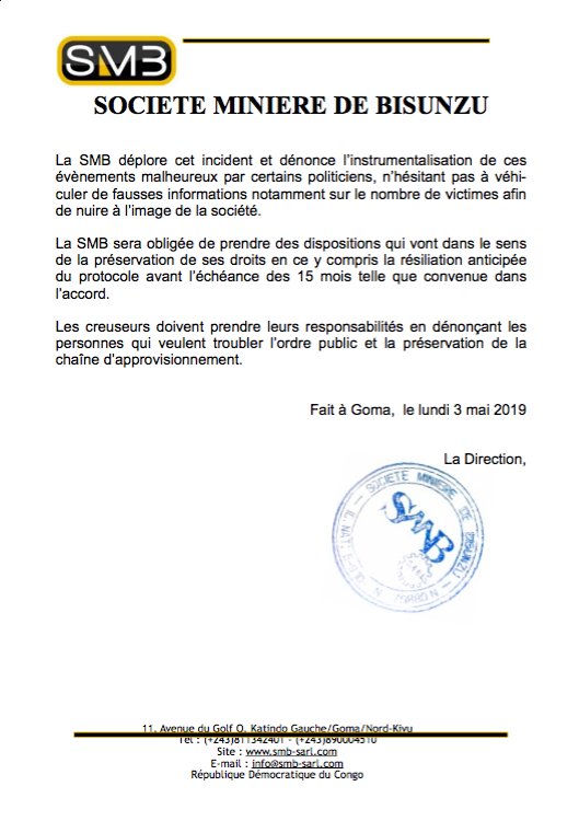 Bisunzu_Mining's tweet photo. @SimonBine @julienpalukucom @AyobSafro @soniarolley @Presidence_RDC @radiookapi @fatshi13 @VitalKamerhe1 @Assemble Ci-joint le communiqué de presse officiel de @Bisunzu_Mining concernant l'incident survenu ce dimanche 02 juin 2019 sur notre périmètre d'exploitation PE 4731. https://t.co/mMlccA091r