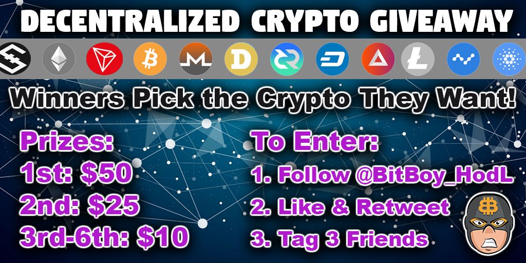 DiscoverCrypto's tweet image. 🕸 DECENTRALIZED CRYPTO GIVEAWAY! 🕸

Winners pick the #Crypto THEY WANT!

Prizes
1st: $50
2nd: $25
3rd-6th: $10

To enter
1. Follow me
2. Like &amp;amp; RT
3. Tag 3 friends

Winners will be announced June 24th on the @CryptoBitBus

Bonus $25 winner if I pass @CryptoBrekkie in followers!