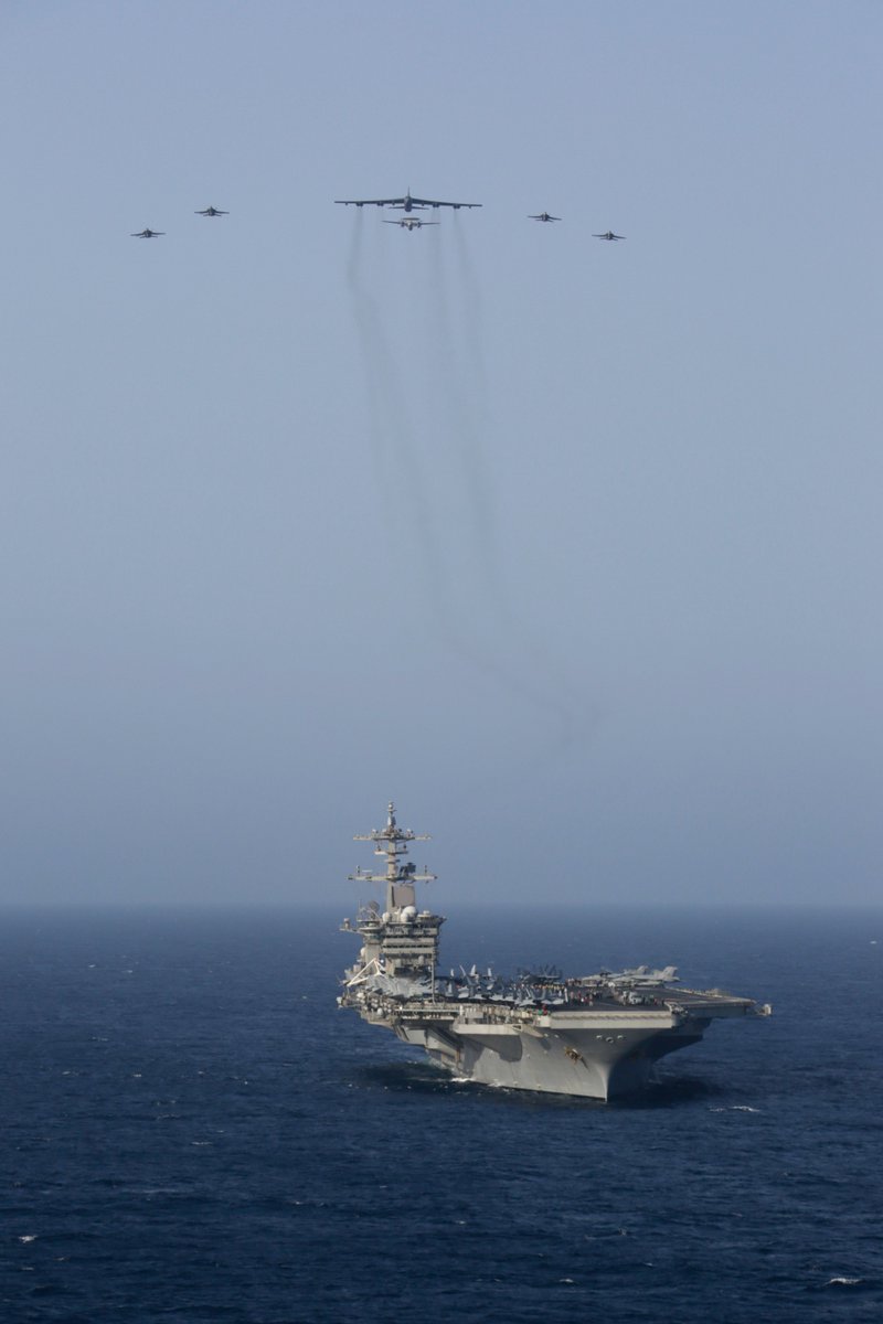Wild pictures of the USAF B-52H flying with Navy Super Hornet, Growler & Hawkeye escort over the Abraham Lincoln Carrier Strike Group June 1 afcent.af.mil/News/Article/1… #CVW7 #CVN72 #AIRPOWER