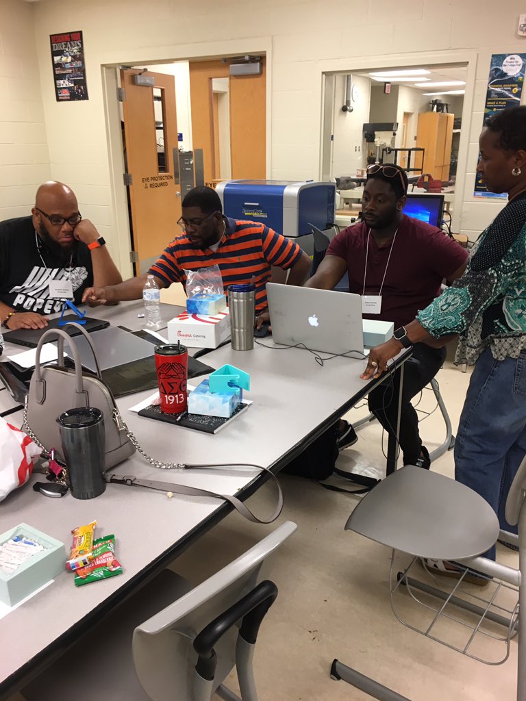 pcamick2's tweet photo. DeKalb Engineer teachers taking time out of their summer to learn new skills. Using high tech tools to creat manufacturing prototypes from design to production to packaging and marketing @DeKalbSchools @dcsdctae https://t.co/ZWNTFJ8y3Q