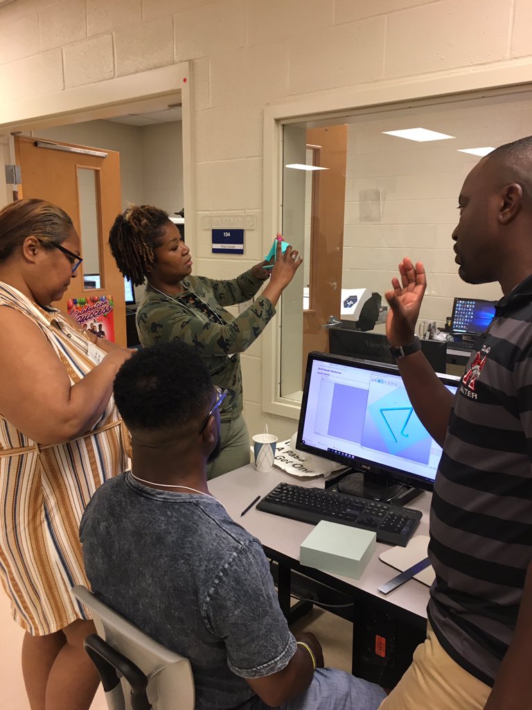 pcamick2's tweet photo. DeKalb Engineer teachers taking time out of their summer to learn new skills. Using high tech tools to creat manufacturing prototypes from design to production to packaging and marketing @DeKalbSchools @dcsdctae https://t.co/ZWNTFJ8y3Q
