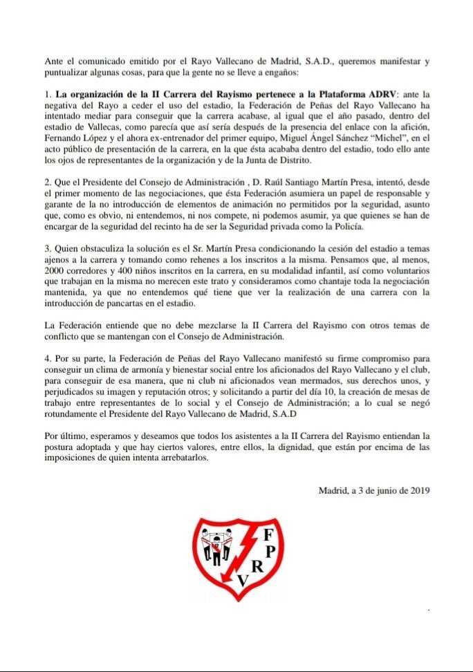 carrerarayismo's tweet photo. La @rayovallecanofp emite un comunicado aclaratorio al del @RayoVallecano. #IICarreradelRayismo https://t.co/mHtm8AlRqk