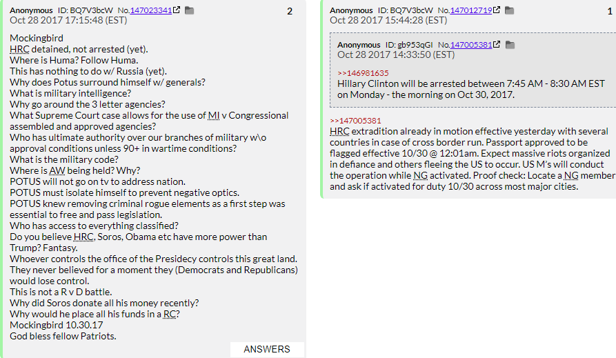 1. QDrops 1 and 2 start off with Hillary's passport being flagged if she tries to flee the country (She has since left the country many times) and that she was detained by Q (And nobody knew about it) and then released, as one does with Satanic Baby Eaters Who Commit Treason.