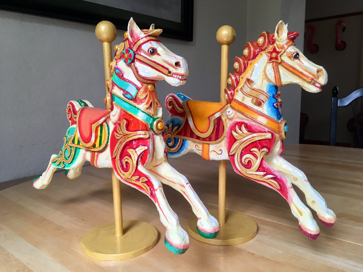 Two new -Tradional British Fairground carousel horse miniatures #handmade #handpainted #papermache in our #etsyshop #richardsbespokeart #carouselhorse #carousel #fairgroundart #papiermache