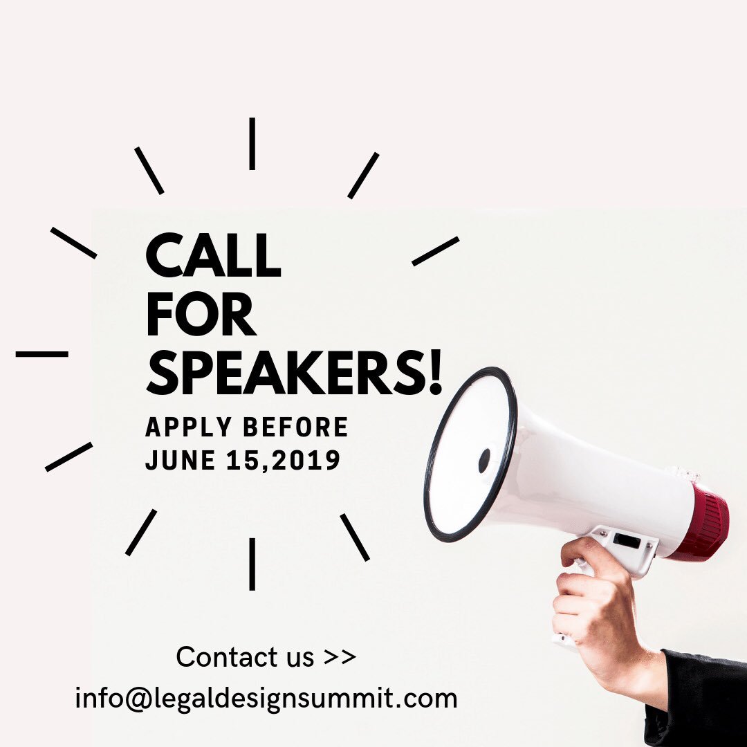 ✨CALL FOR SPEAKERS✨We’re always looking for the "what's next?" of #legaldesign! Main themes:

1. Legal Design: from thinking to doing 
2. Transforming Strategies (into a culture?)
3. Impact and Beyond

Be bold, be curious, be yourself!

#legaltech #LDS2019 #legalinnovation