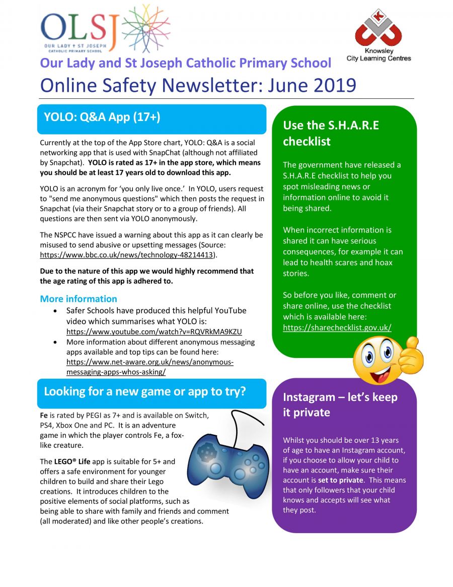 Online Safety Newsletter June 2019 - Currently at the top of the App Store chart, YOLO: Q&amp;A is a social networking app that is used with SnapChat (although not affiliated by Snapchat). - bit.ly/2IfPYqC