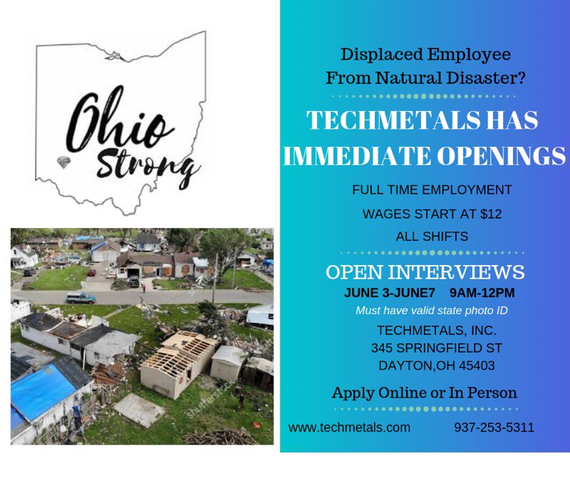TechmetalsInc's tweet photo. For those who may have lost their employment due to the Memorial Day tornadoes, Techmetals will be holding open interviews with positions starting at $12/hr. https://t.co/Qqi3NmTM7X