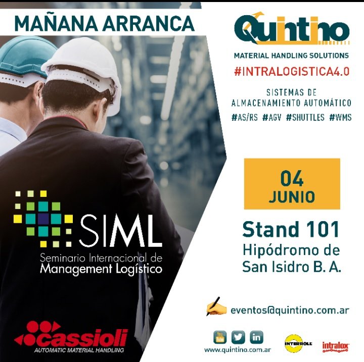 QuintinoMHS's tweet image. 👉Ultimo dia para acreditarte al #SIML 2019  👌
Managementlogistico.com
Stand 101
#RadioShuttle en vivo

#Automacion #Sorting #Fulfillmemt
#ASRS #Quintino #Cassioli #Networking #AGV #Almacenamiento
#Omnicanalidad #Picking #Supplychain #Sorting 
Bonustrack: Sorteo &amp;amp; #Cookies 😁