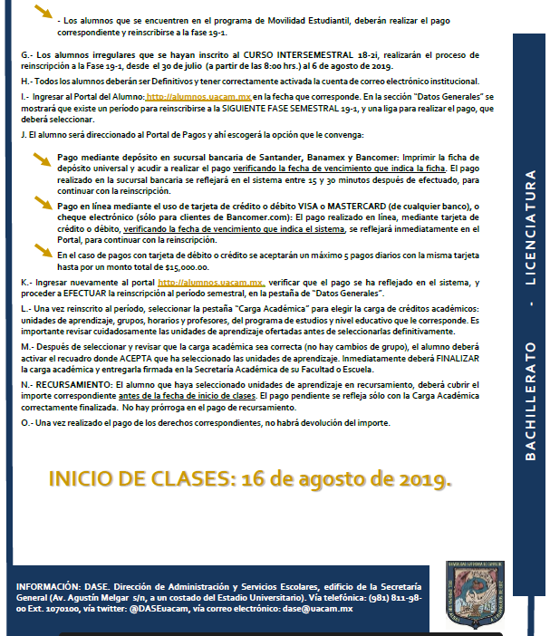 DASEuacam's tweet photo. Convocatoria de Reinscripción 2019-2020 https://t.co/vgBzZfyogo