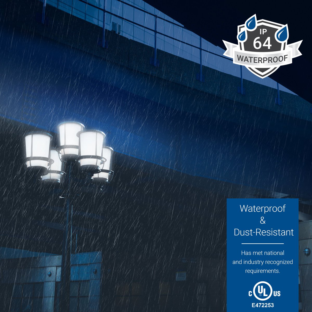 This LED Street Light has a high ingress protection rating which makes the light completely water and dust proof. Its commercial-grade body features a light fin heat sink for great heat dissipation and a non-yellowing clear cover.