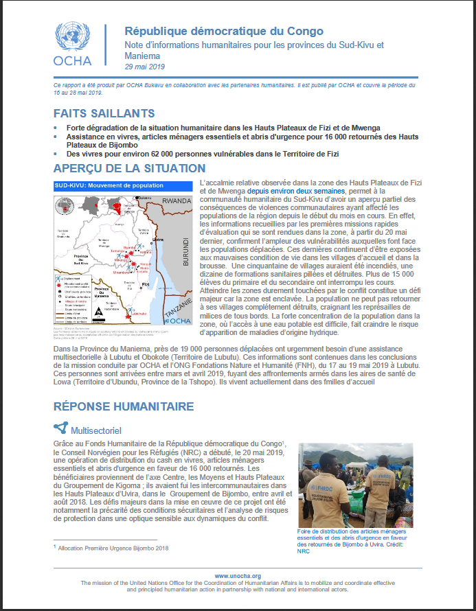 UNOCHA_DRC's tweet photo. 🔹Dégradation de la situation humanitaire à Fizi et à Mwenga
🔹Assistance humanitaire pour des retournés de Bijombo
🔹Des vivres pour environ 62 000 personnes vulnérables dans le Territoire de Fizi
L'actualité du Sud-Kivu est 👉👉 https://t.co/r2yBrxyVbp https://t.co/FIu4ZxVcVq