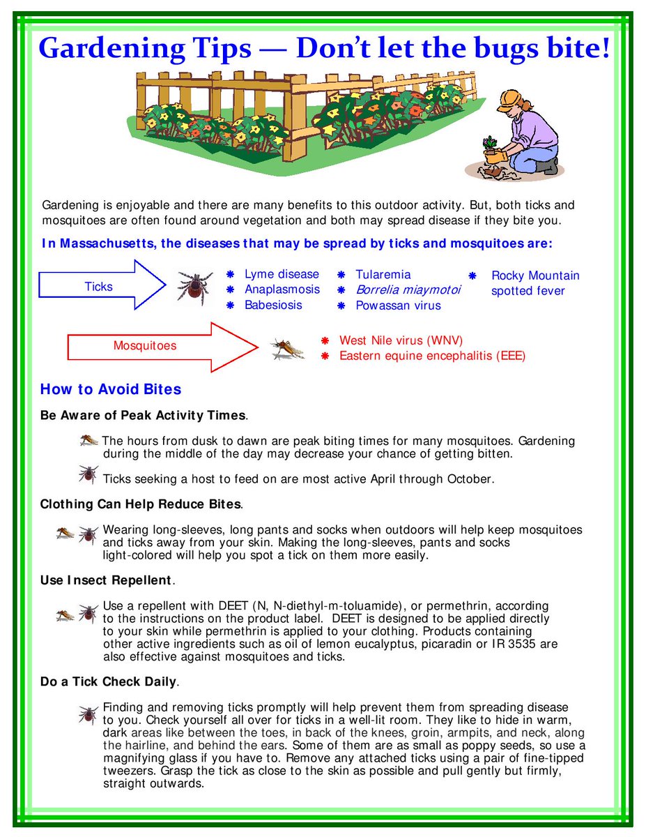 Enjoy summer outdoor gardening season naturally 'bug free'. Use bug repellent, protective clothing &amp; do #tick checks to protect from pesky bugs &amp; ticks &amp; prevent #lyme disease! TY #Massachusetts Dept of Health 4 safe gardening tips! tinyurl.com/Outdoor-garden… #naturalrepellent