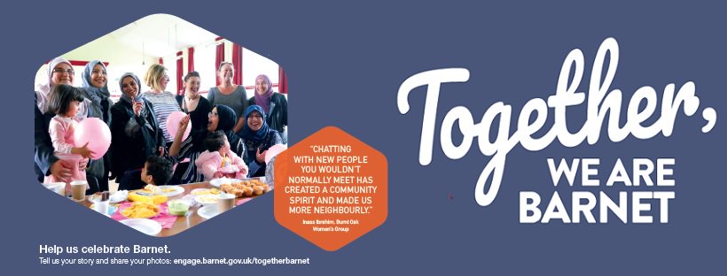 Today, we’re launching Together, we are #Barnet to celebrate the inspiring stories of the rich mix of people who call our borough home: engage.barnet.gov.uk/togetherbarnet

We’ll be highlighting some of our many voluntary groups, sports teams and fantastic local projects. 

#TogetherBarnet