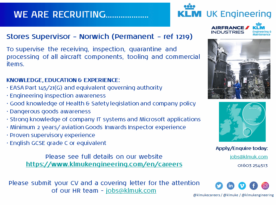 klmukeng's tweet photo. We are recruiting for a Stores Supervisor at our Norwich Head Office - see website for full details - https://t.co/b5I6HE1GtP
#Stores #Supervisor #careers #vacancies #skilled #EASA #Heath #Safety #team #MRO #aviation #aircraft #inspection #goods #inwards #goodsinwards #klmuke https://t.co/cTz5z0cpp0