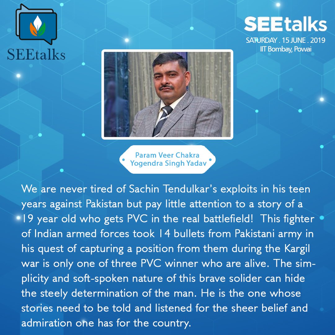 SEEtalks_'s tweet photo. Grenadier Yogender Singh Yadav displayed the most conspicuous #courage, indomitable gallantry, grit and #determination under extreme adverse circumstances.Listen to his journey from great to the greatest on #SEEtalks 2019.
Visit us - https://t.co/gsxdcauEeZ
#itniSEEkhushi #dogood https://t.co/t8RMECxeGo