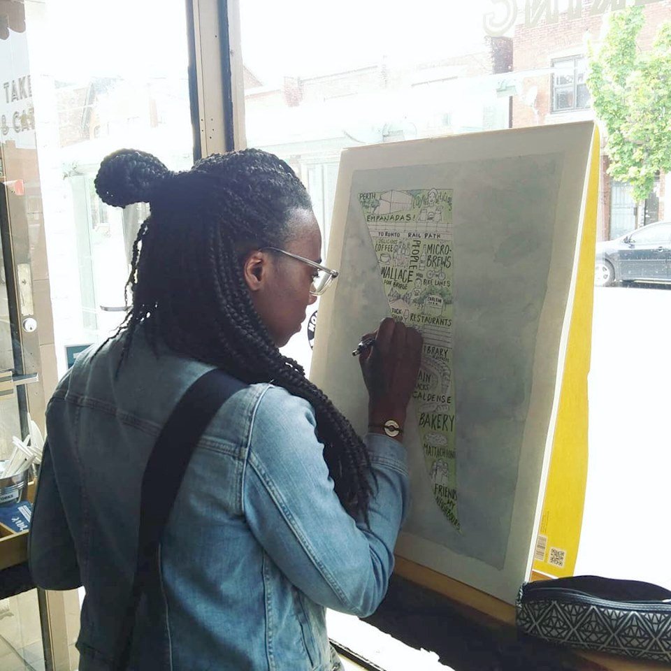 MJSketchbook's tweet photo. Community activation : collaborating with Jan Keck, creator of the @askdeepquestion cards, for a fun community activation project during the official opening of the @Cookie_Martinez Colombian Street Food takeout restaurant.
https://t.co/g5nuMDiGiV https://t.co/6lTU9s36cG