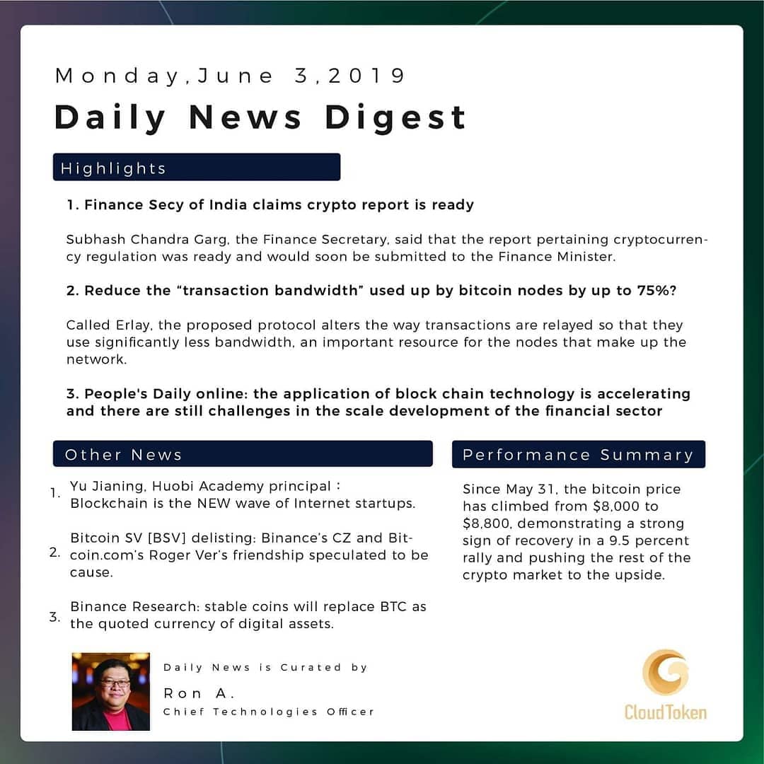 CloudTokenCTO's tweet photo. ［NEWSLETTER｜每日新闻快报］

3th June 2019｜2019年6月3日

Binance Research: stable coins will replace BTC as the quoted currency of digital assets.
币安研究院：稳定币将取代BTC成为数字资产的报价货币。

#NEWSLETTER
#每日新闻快报
#3jun2019
#cloudtoken https://t.co/uGdexRsG1a