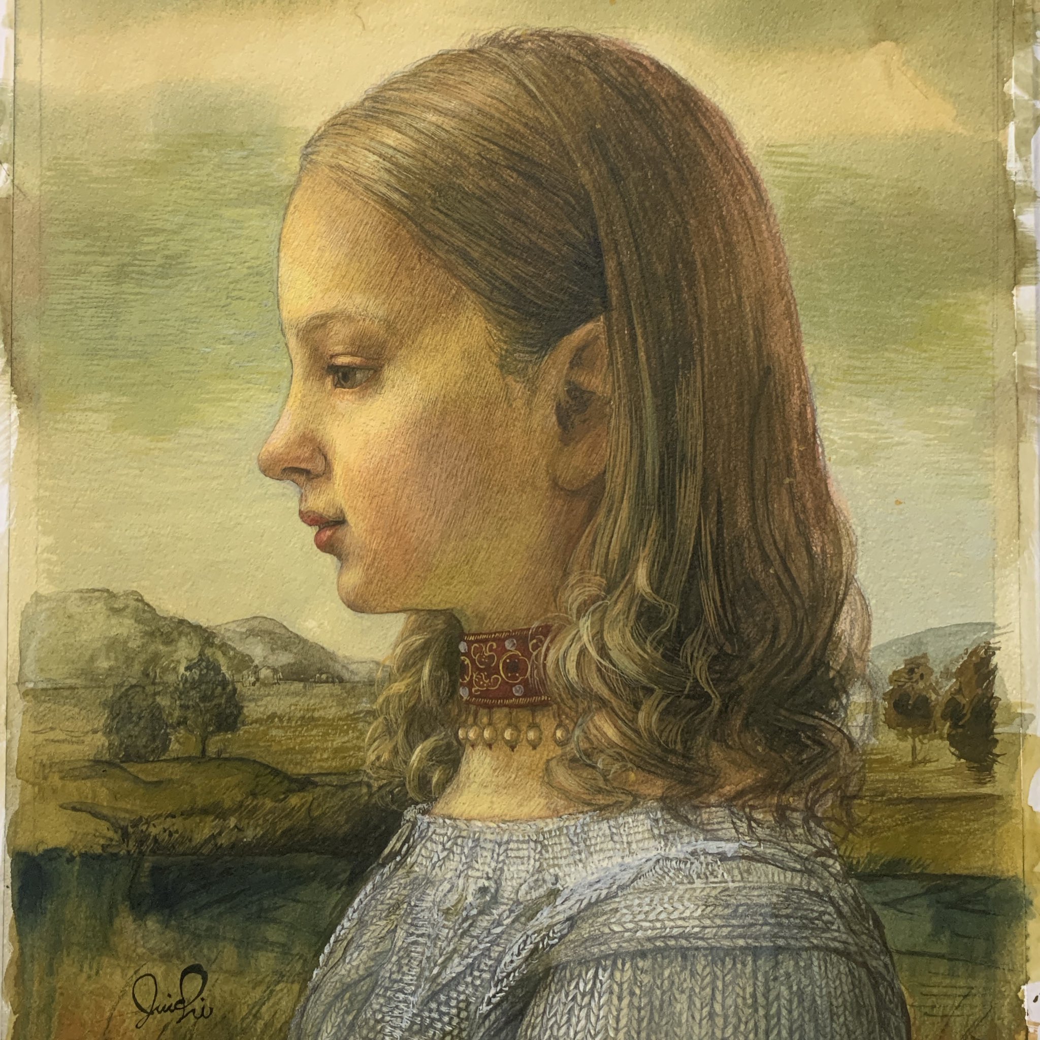 肖像画　テンペラ画　女性の横顔 肖像画テンペラ画女性の横顔