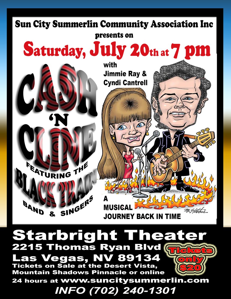 #SunCitySummerlin #LasVegas #SaluteTo #JohnnyCash #JuneCarter #PatsyCline Sat #July20th - reserved seating available at app.arts-people.com/index.php?tick… also SunCitySummerlin.com 
with Jimmie Ray, Cyndi Vantrell and the #BlackTrainBand &amp; #BlackTrainSingers