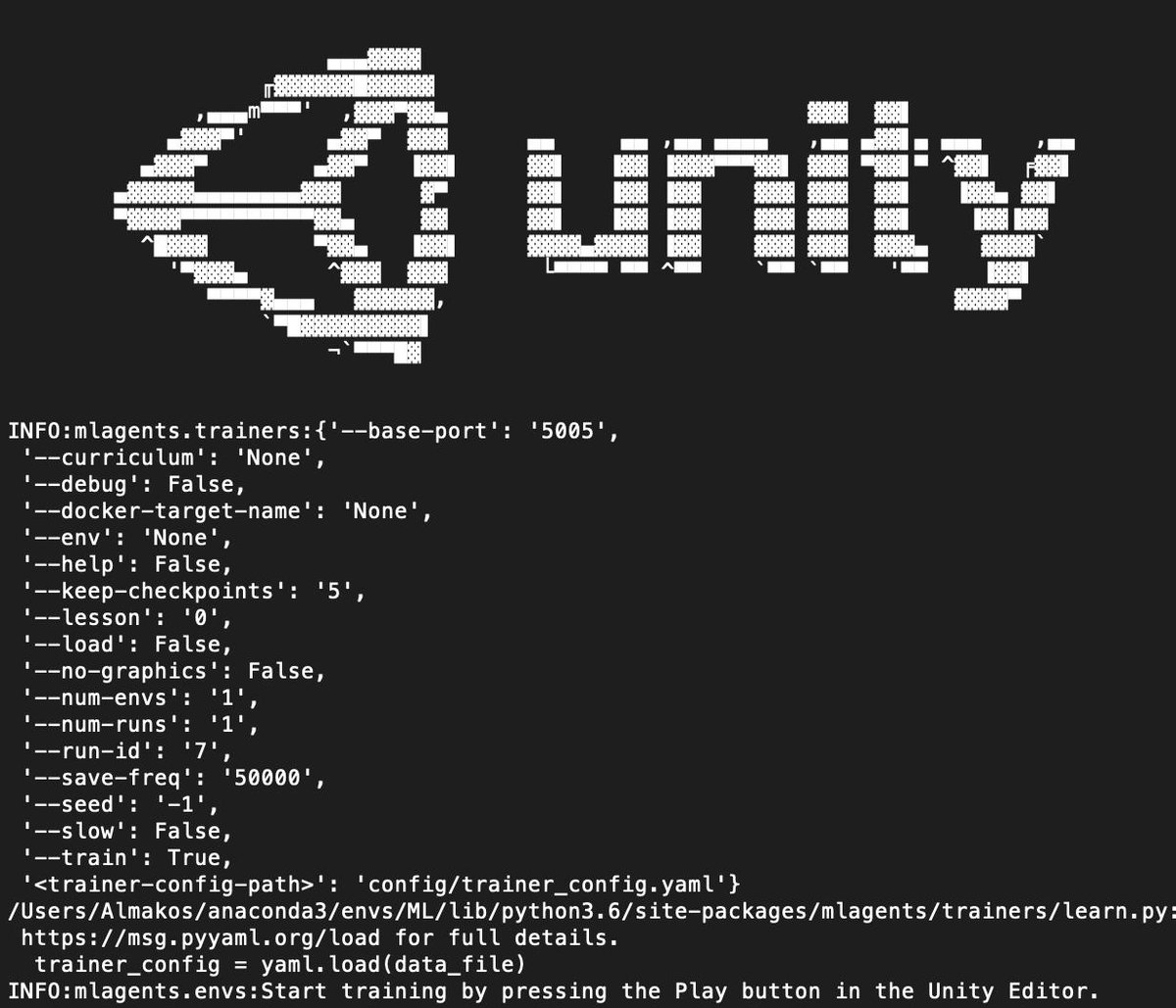 gametailor's tweet photo. Those who have ever tried to run machine learning demos in Unity should know how gratifying it is to see this screen!
After hours of terminal\anaconda hell...

#MachineLearning #Unity #unity3d #gamedevs #gamedevelopment #ai #Python3 #terminal #pip3 https://t.co/pKsWIoMmue