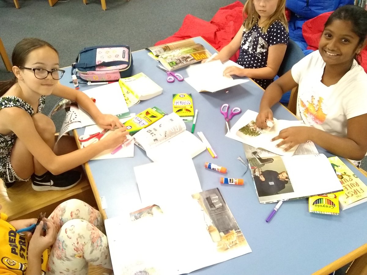 seducationalc's tweet photo. We are making Zines about ourselves as we read The First Rule of Punk by @CeliaCPerez! This kiddos are following the first rule of Punk: be yourself! #SummerReading #Gentrys #firstruleofpunk https://t.co/7ZHhhvwSao