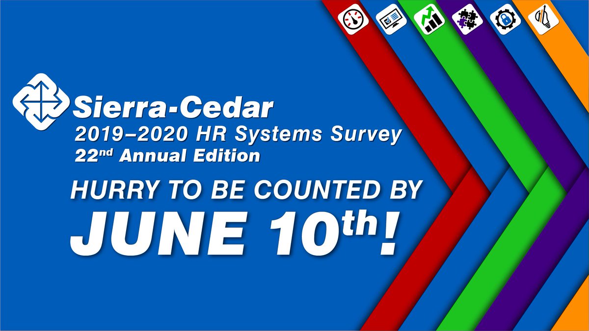 StaceyHarrisHR's tweet photo. Get perks! Participate in the 22nd Annual @SierraCedar #HRTech survey by 6/10/19 to get a #firstlook at the results PLUS a personal data snapshot filtered by size, industry, or region. https://t.co/zZ5zJQu492 #HR #hrtrends #hranalytics #dataanayltics #giveback #becounted https://t.co/m7ViyM97s9