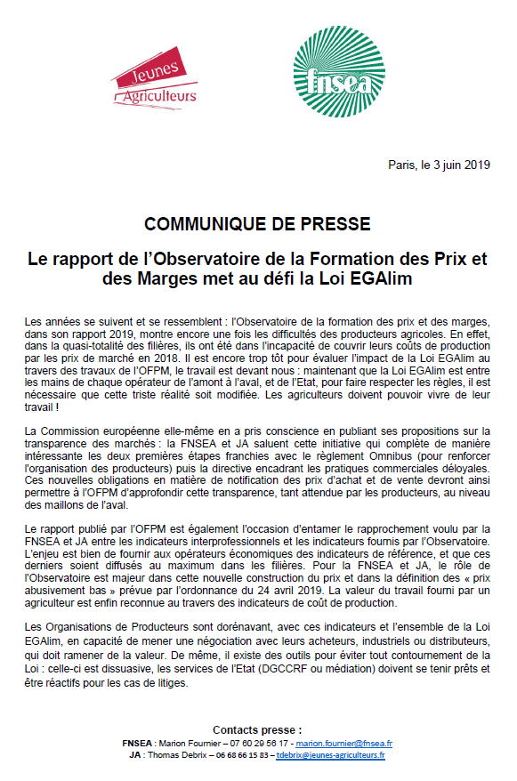 [#CP] Le rapport de l’Observatoire de la Formation des Prix et des Marges met au défi la Loi #EGAlim. Les agriculteurs doivent pouvoir vivre de leur travail !
Notre CP avec <a href="/FNSEA/">La FNSEA</a> 
➡️ bit.ly/2wBOaTm