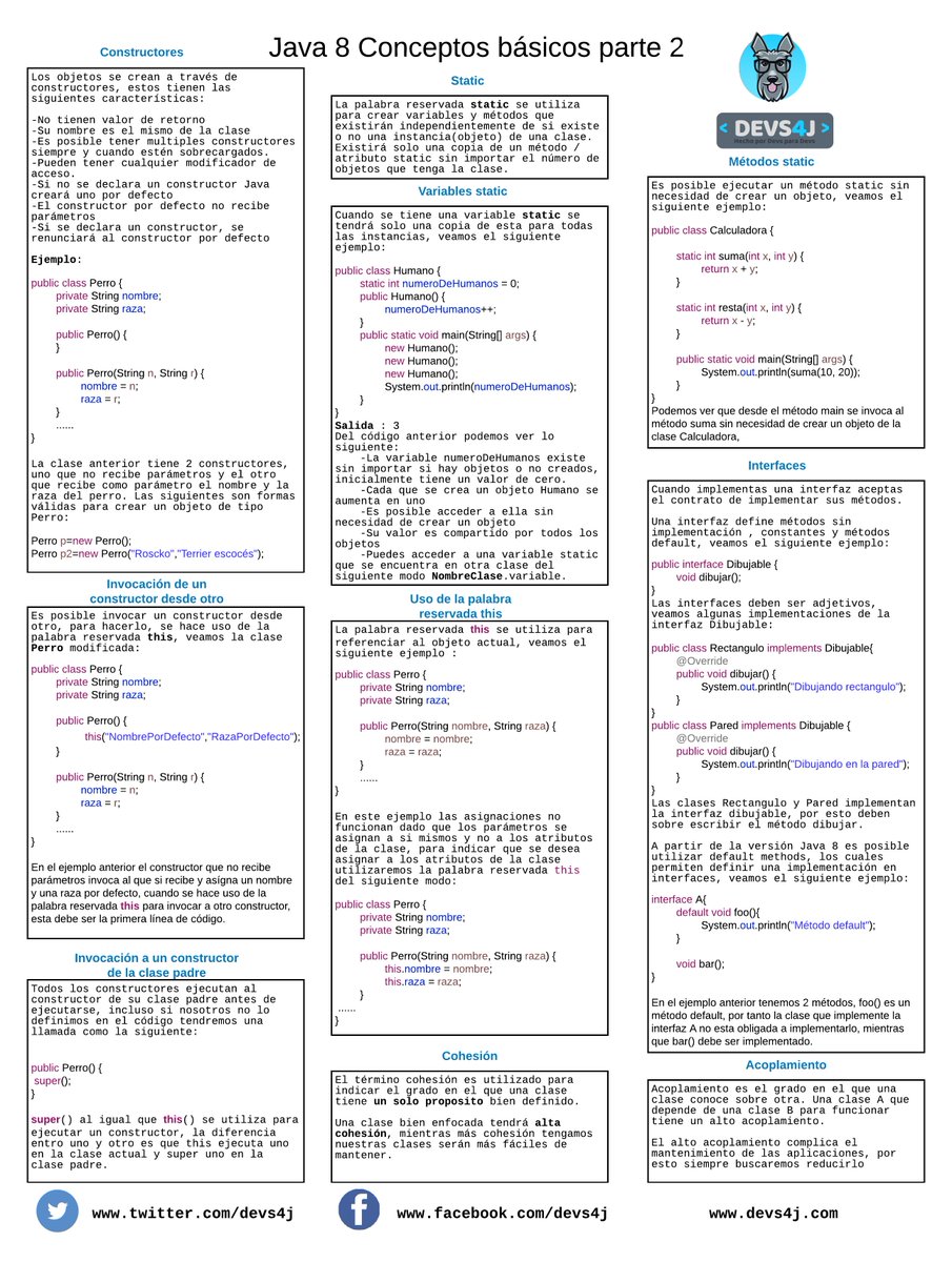 devs4j's tweet photo. ¡ Geeks ! Tenemos una nueva #devs4jcheatsheet 😎 esta vez es sobre #constructores #this #static #interfaces #cohesion #coupling Ojalá les guste y recuerden entre más apoyo tengan, vamos a publicar más y de forma más frecuente 🤓 #devs4j #geek #java #keywords #coding #FelizLunes https://t.co/tsuX25aCcX