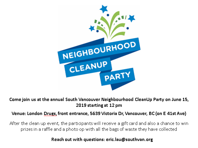 ericsouthvan's tweet photo. Come join us at the annual South Vancouver Neighborhood Cleanup Party! On June 15, 2019, starting at 12 pm, cleanups will happen throughout the day. At: London Drugs, 5639 Victoria Dr.

#cleanupparty #ericsouthvan #vancouverbc #vancouver #volunteer #opportunity #community #event https://t.co/gYS8LobAxt