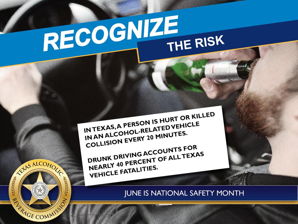 TexasABC's tweet image. Recognize the risk of drunk driving: In Texas, a person is injured or killed every 20 minutes from alcohol-related crashes. If you drink, don't drive. Designate a driver, call a cab, or make a plan before you celebrate. #NationalSafetyMonth