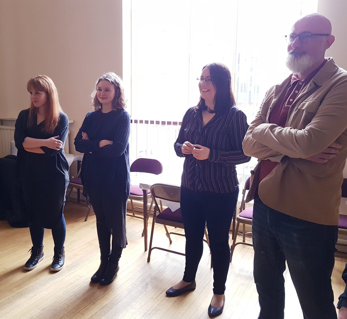 NIOpera's tweet photo. Some of the team for our children's opera 'Pamplemousse' at the cast 'Meet and Greet' this morning: r to l: composer and writer Gregg Caffrey, conductor @sineadhayesmuso, costume designer Katie Davenport, costume supervisor Mary Sheehan. #composer #northernireland #opera #nikids https://t.co/NVvJhzHiH6