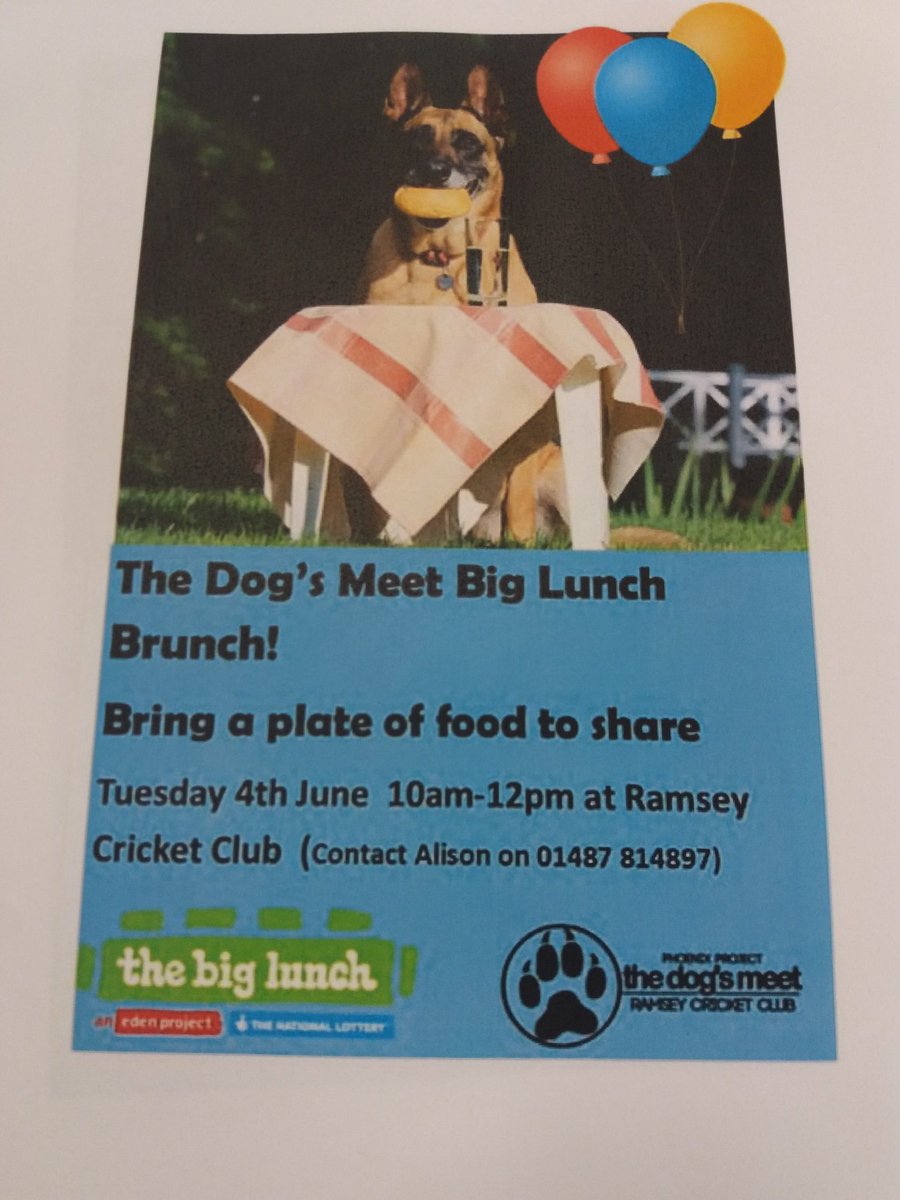 Big Lunch Brunch tomorrow at Dog's Meet Cafe, Ramsey Cricket Club. Bring a plate of food and join us