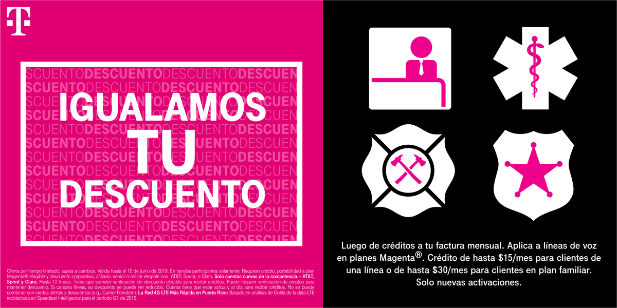 TMobilePR's tweet photo. ¡Trae tu descuento y disfruta de más y mejor cobertura con T-Mobile! Si recibes un descuento corporativo o por afiliación, simplemente trae tu factura como evidencia y te lo igualamos al cambiarte. 🤩🙌🏼 #EresDeLosNuestros https://t.co/00EmM8kcHH