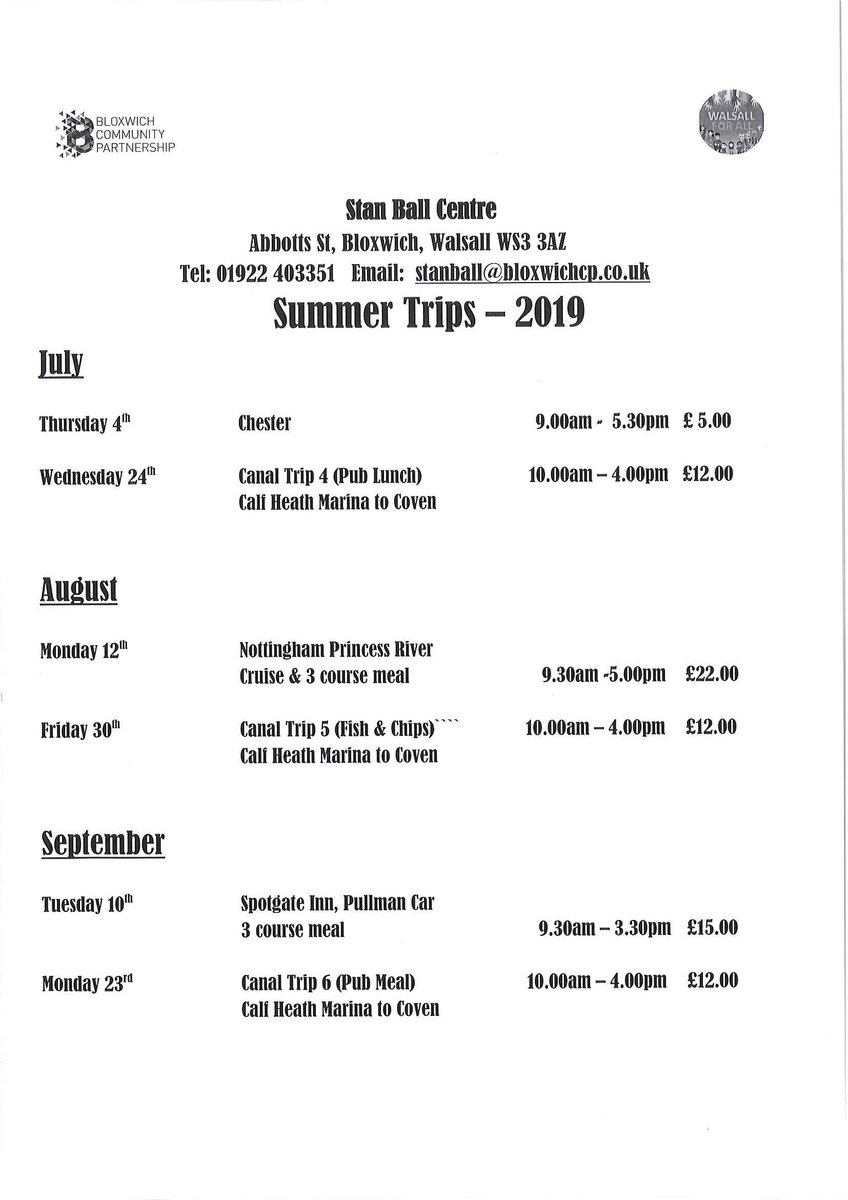 Our Summer 2019 programme of trips subsidised by Walsall For All has now been launched.  Due to limited availability, please book your space early.  Payment can now be made by cash, cheque or card.   Call Karen on 01922 403351 to book